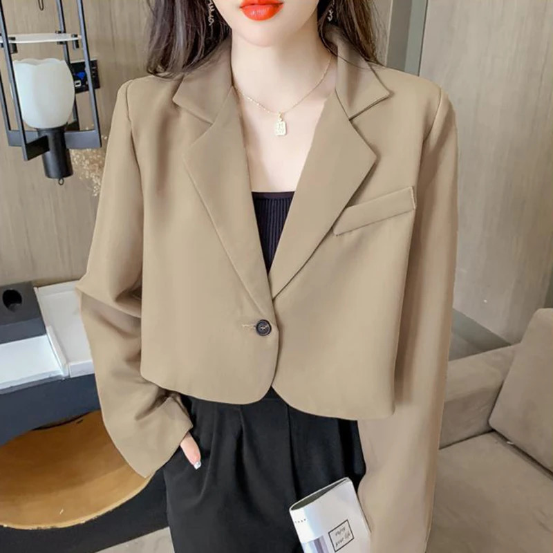 Lucyever Korean Cropped Blazers Women Solid Color Simple Single-button Outwear Teens All-match Long Sleeve Office Suit Jacket 240813