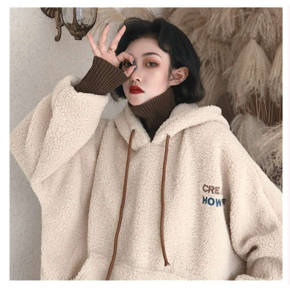 Winter cec with plush and thickened lamb pullover loose hooded fake two piece wool high neck sweatshirt jacket women s fashion 077a0