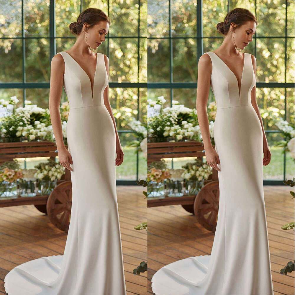 New Arrival Sheath Gown Wedding Dresses Satin V Neck Sweep Train Bridal Gowns Plus Vestidos De Novia Custom Size Colour Lz0304