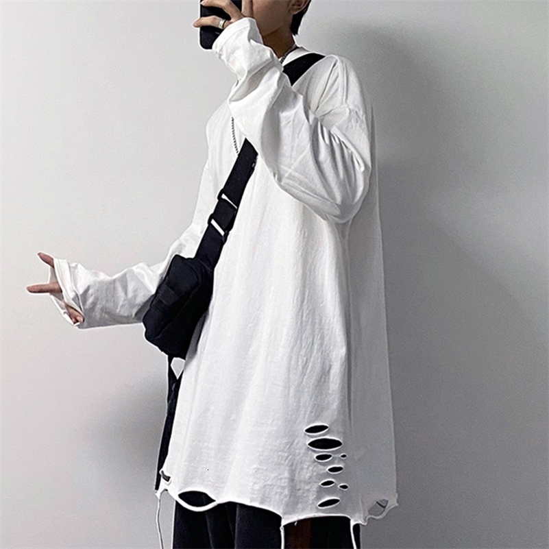 Hem Ripped Hole Long Sleeve Men Tshirt White Black Fashion Autumn Clothes Hip Hop 2xl 3xl Oversized Punk Vintage Streetwear Tops 240812