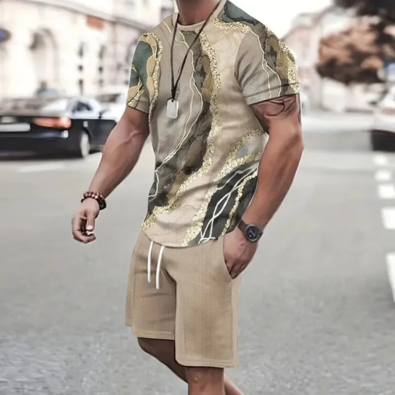 2024 Mens Sportswear Summer Mens Retro Totem Print Travel Suit Fashion Short Sleeve T-shirt Shorts Quick Dry Two Piece Set 240813