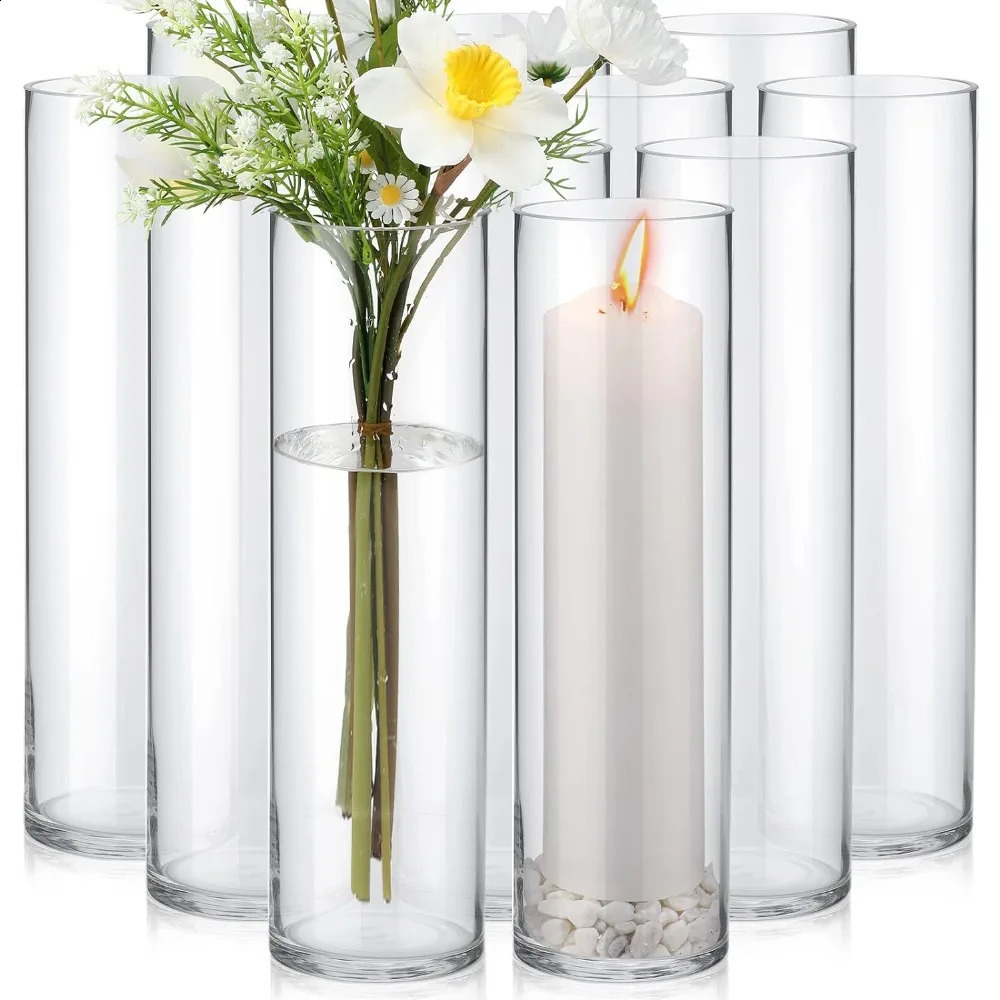 12 Pack 4 x 14 Inch Glass Clear Cylinder Flower Vases Set Floating Candle Holders for Centerpiece Table Home Wedding Decorations 240812