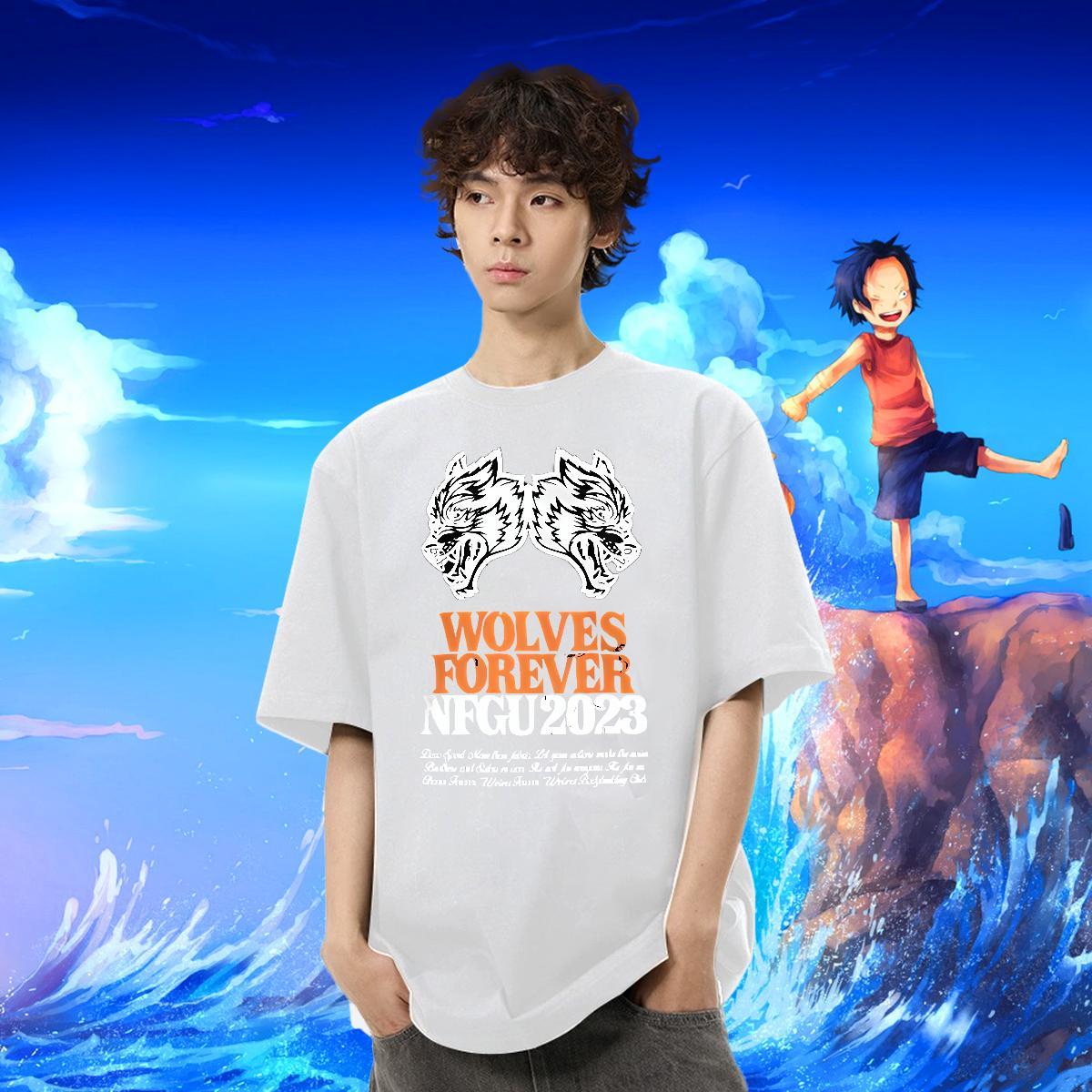 Wholesale Tshirts wolf Outdoor 230g Pure Cotton Tops Tees Crew Neck High Quality T shirt Cartoon Printing L-4XL