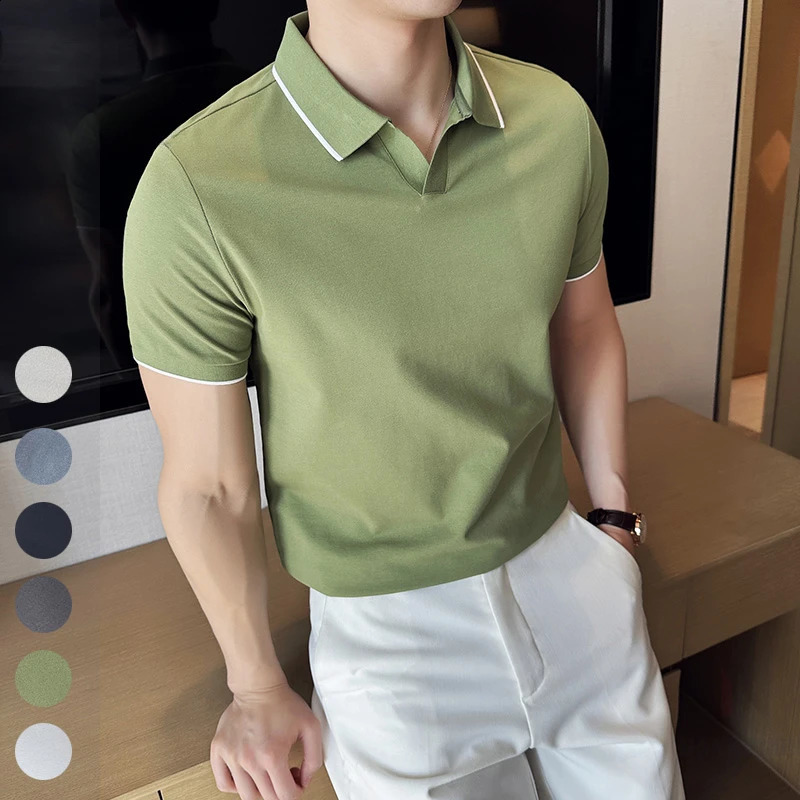 Business Casual Solid Color Mens Polo Shirt 2024 Summer Classic Men Short Sleeve V-neck T-shirt Slim Fit Spliced Polo 4XL-M 240813