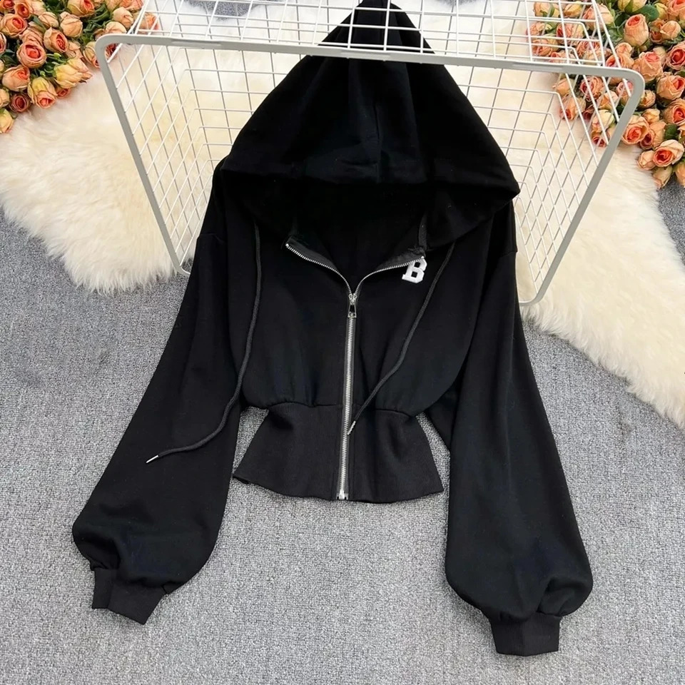 High Waist Short Street Style Womens Spring Autumn Hoodie Fashion Slim Solid Color Zipper Jackets Female Sweatshirts Top 240812