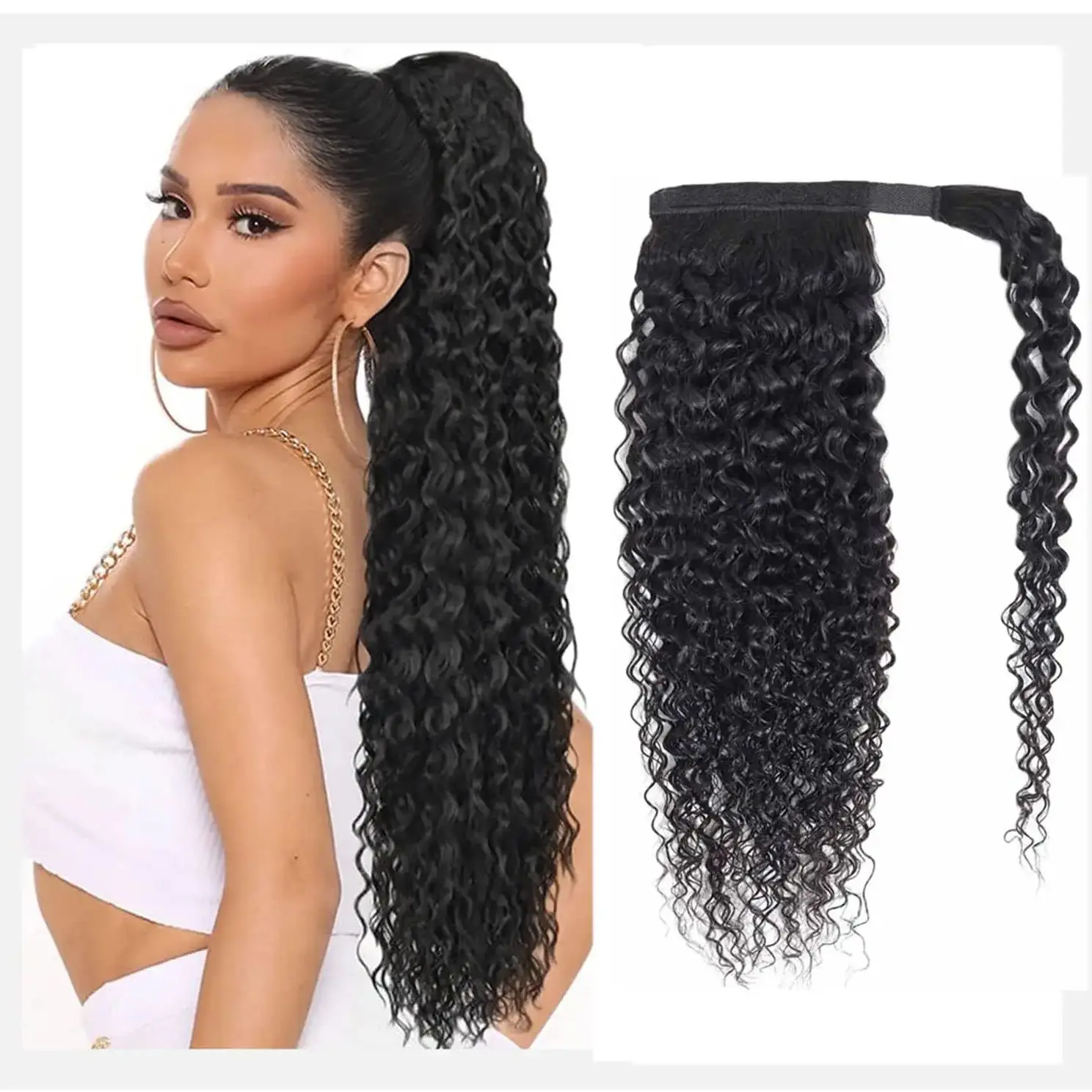 Long Kinky Curly Natural Color Wrap Around Human Hair Magic Paste Ponytail 100% Brazilian Human Hair Extension 160g