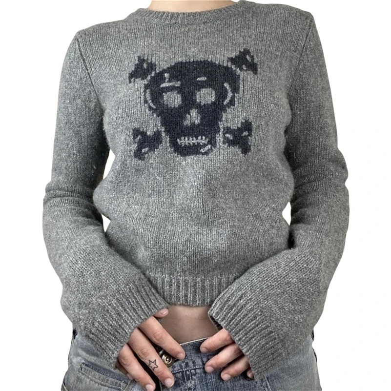 Skull Sweater y2k Aesthetic Fairy Grunge Clothes Women Gray Long Sleeve Crop Top 2000s Punk Gothic Pullover Streetwear 240812