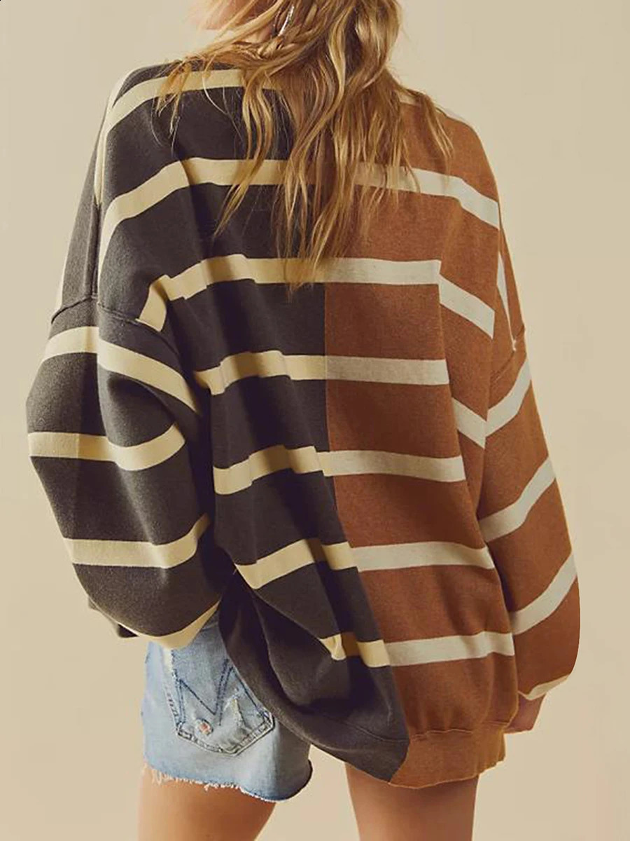 Womens autumn oversized zipper striped printed patch long sleeved round neck sweater top 240812