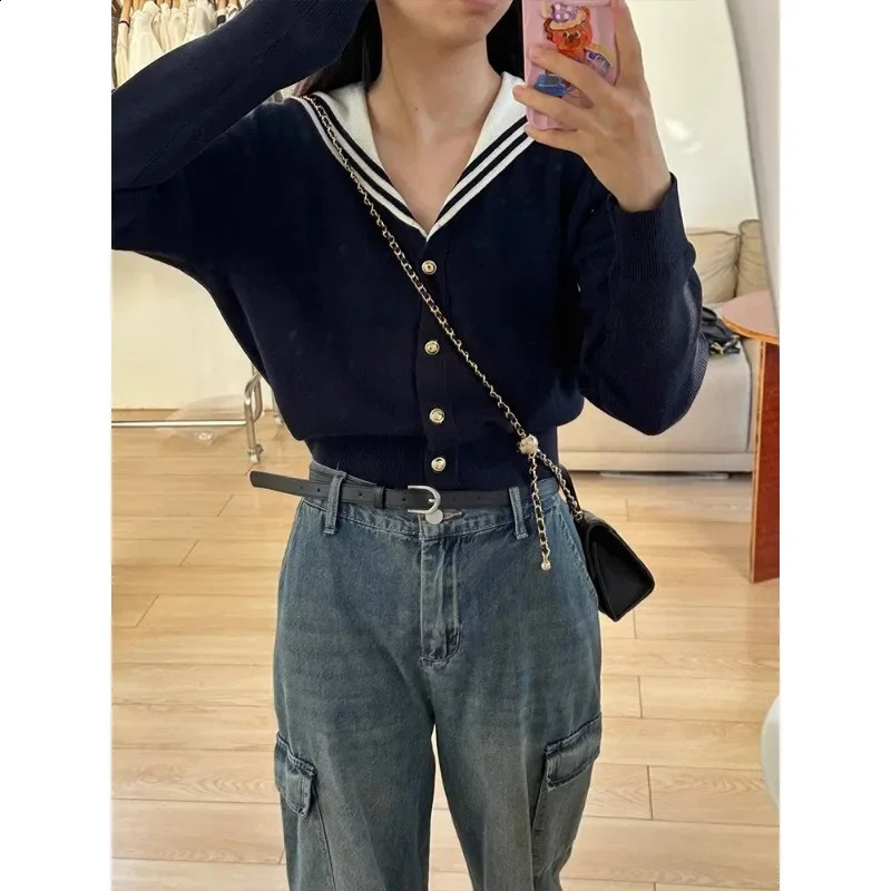 Vintage Sailor Collar Women Cardigan Basic Sweater Korean Style Spring Knitwear White Jumper Japanese Aesthetic F134 240812
