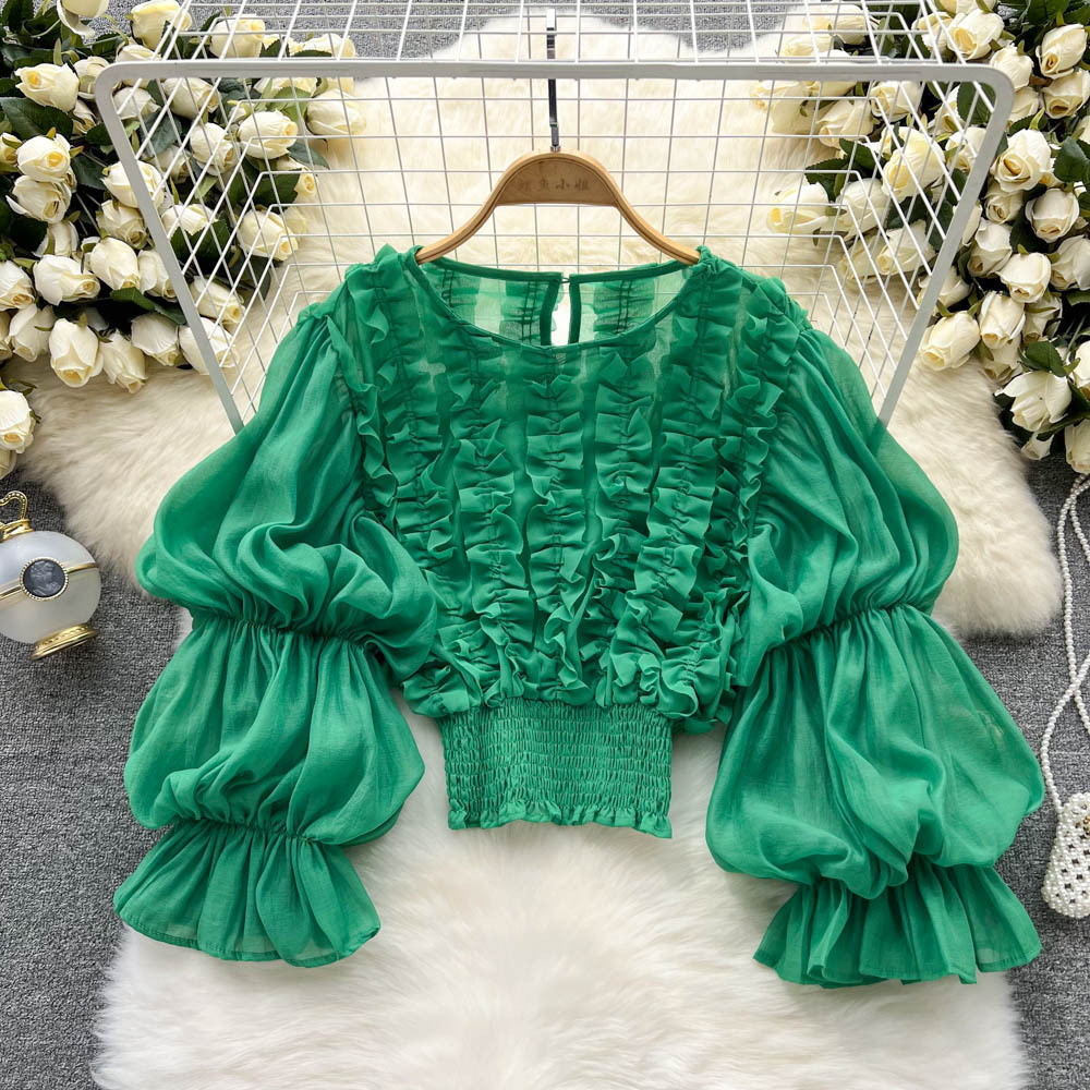 Wind fungus lace design shirt French niche lantern sleeve temperament slim fit short blouse