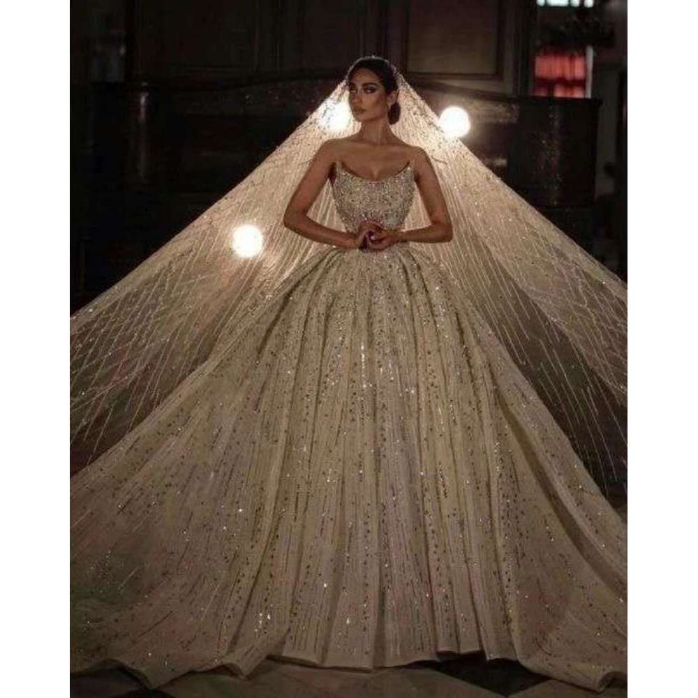 Ball Gown Wedding Dresses Include Vail Sequins Crystals Lace Bridal Gowns Brush Train Big Custom Size Colour