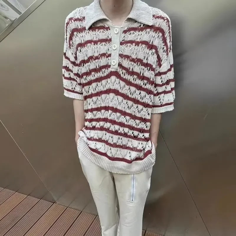 Summer Retro Stripe Knitted Hollow Polo Sweater Flip Collar Casual Mens Loose Short Sleeve Trend 240812