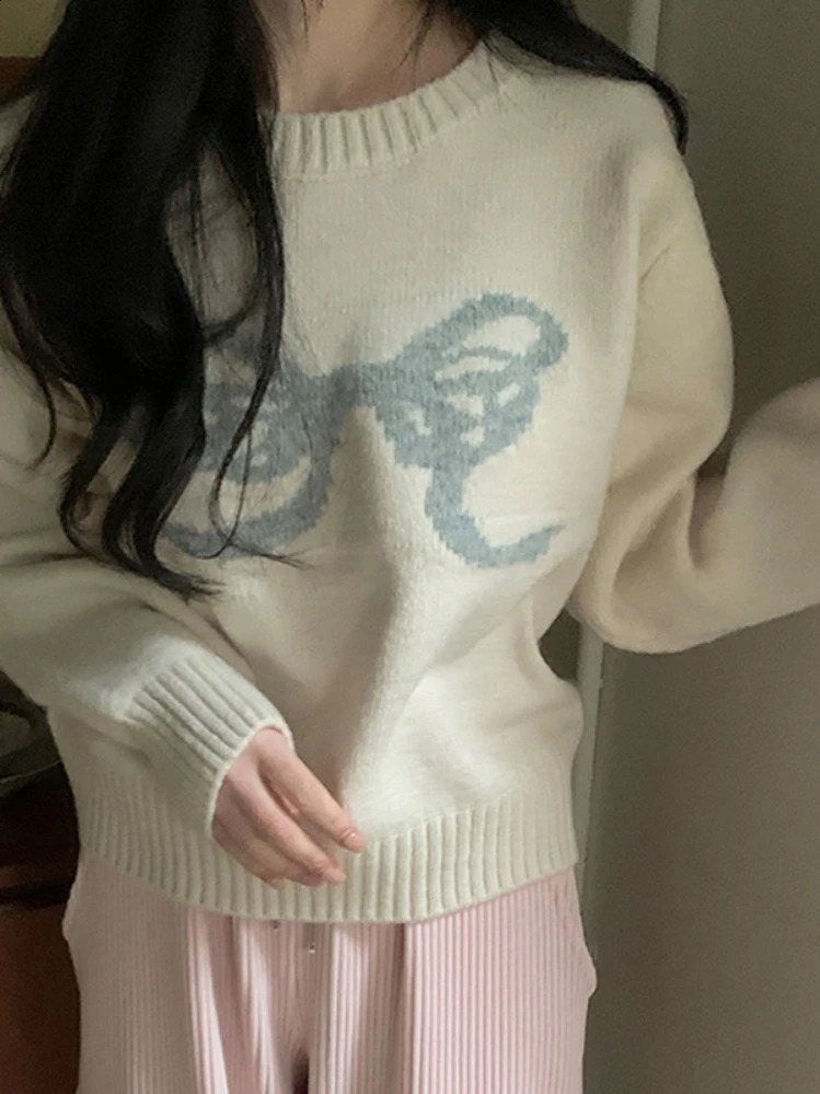 Korean Fashion Pullovers for Women Bow Jacquard Long Sleeve All Match Short Sweaters Autumn Winter Preppy Style Clothing 240812