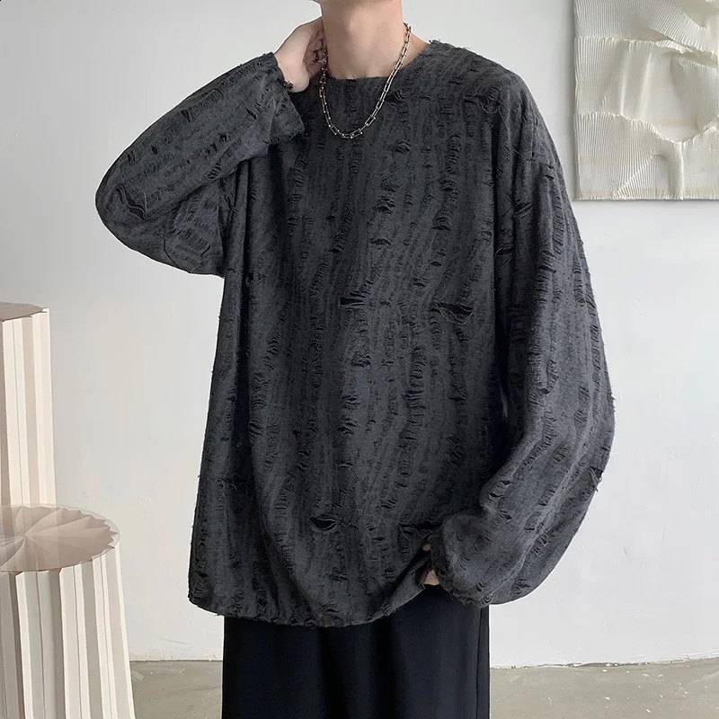 Spring Summer Men Hole T Shirts Harajuku Hip Hop Long Sleeve Oversized Tshirts Male Korean Fashion Tee Tops Plus Size 3XL 240812