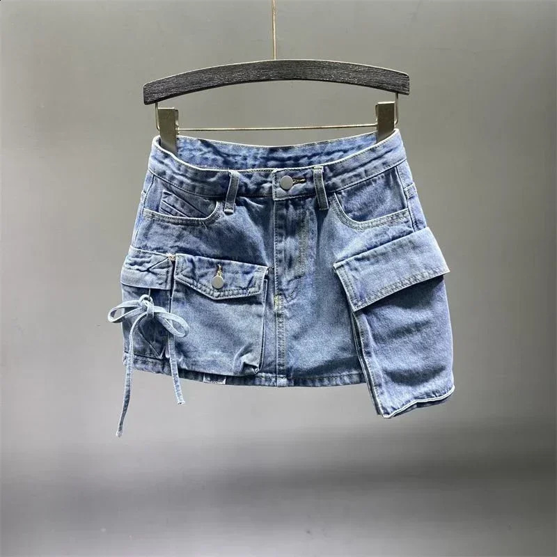 Y2K Fashion Irregular Pocket Cargo Denim Skirt Women Clothing Summer Sexy A-line Hip Skirts Female Bottoms Streetwear 240812