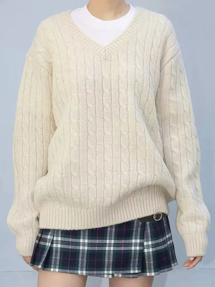 Causal Women Solid Color V-Neck Knit Sweaters Autumn Chic Elegant Long Sleeves Sweaters Vintage Female Loose Knitwear 240813