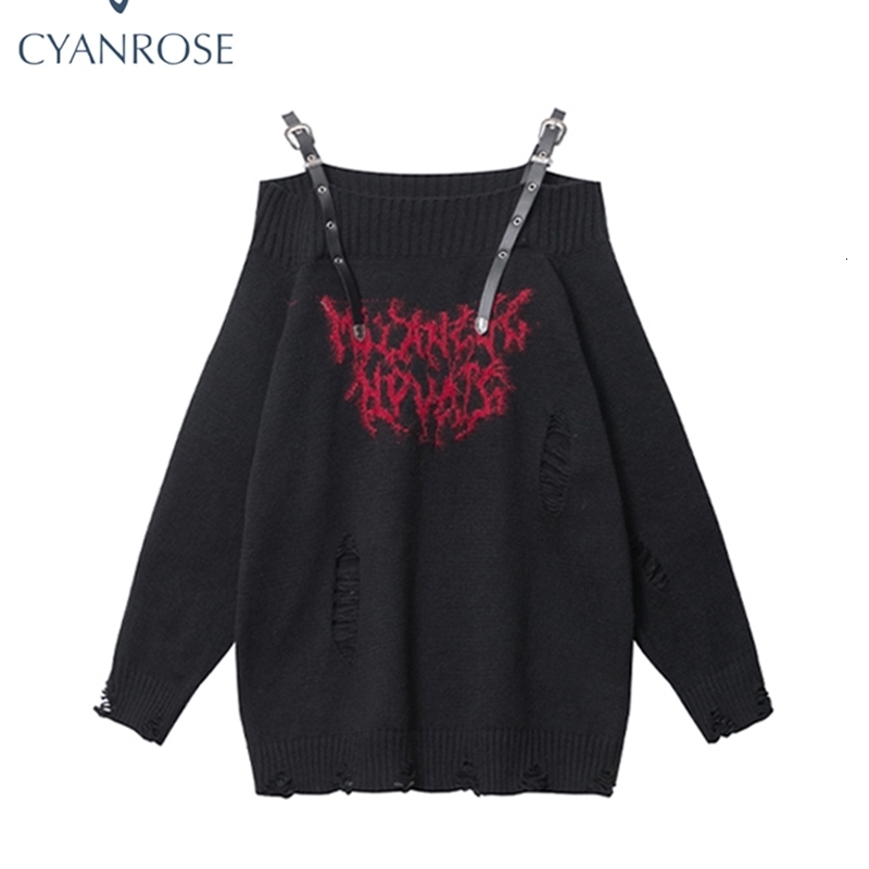 Womens Black Gothic Pullover Knitted Sweater Harajuku Korean Y2k Long Sleeves Jumper Sweaters Vintage 2000s Clothes Autumn 240812