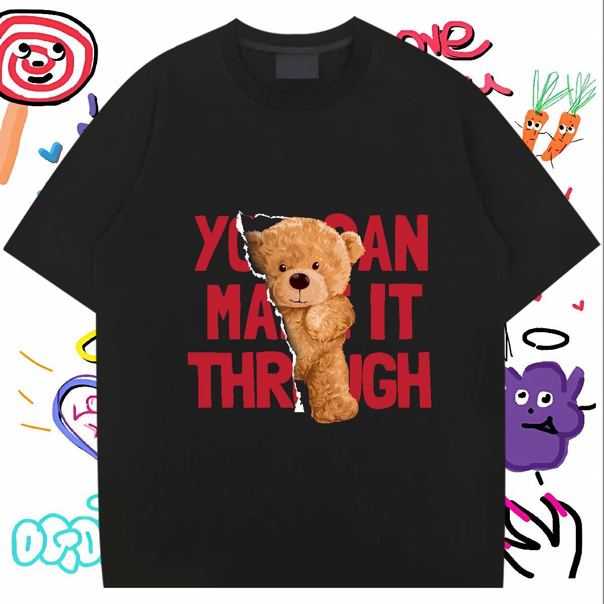 T-Shirts for Men 230g 100% Cotton bear Hip Hop Street Breathable Cartoon Printing L-4XL Men Tshirts 2024 New TOP Quality Wear