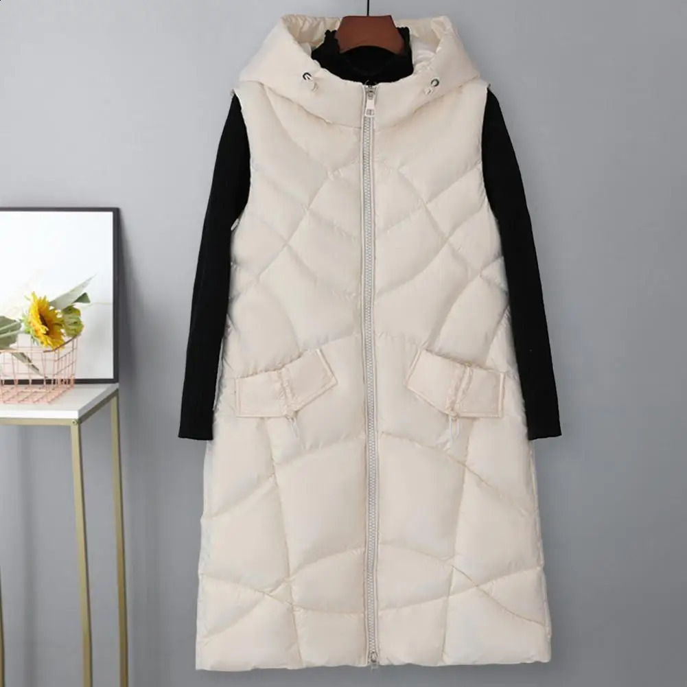 Women Winter Vest Stand Collar Mid Length Sleeveless Hooded Cotton Vest Slim Fit Keep Warm Padded Zipper Winter Cotton Coat 240813