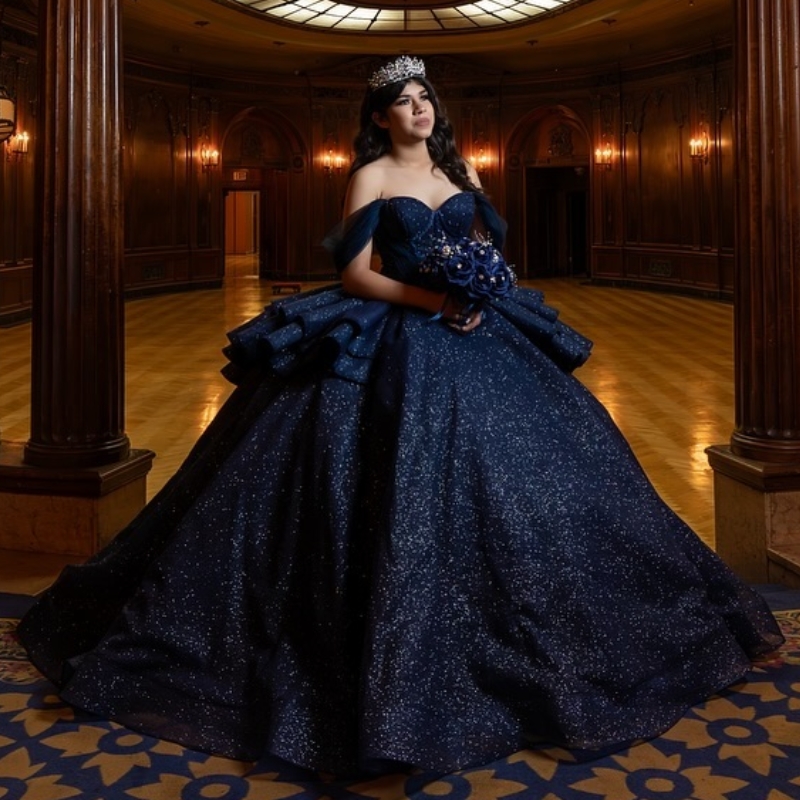 Sparkly Princess Navy Blue Off Shoulder Quinceanera Dresses Ball Gown 2025 Sweetheart Beads Crystal Sweet 16 Vestidos De 15 Anos