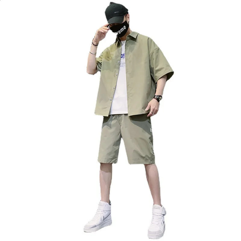Japanese and Korean style short sleeved five point twopiece fashion summer young mens clothing 240812