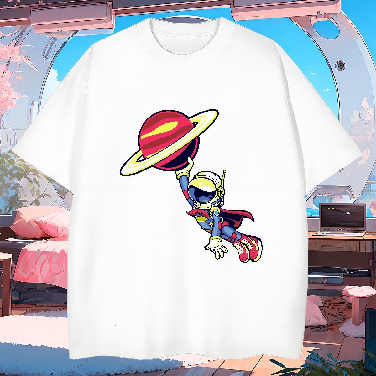 T Shirts Men 230g 100% Cotton cosmonaut Sport Breathable Short Sleeve Cartoon Print Men Tees New Designer Loose Fit Top Tees