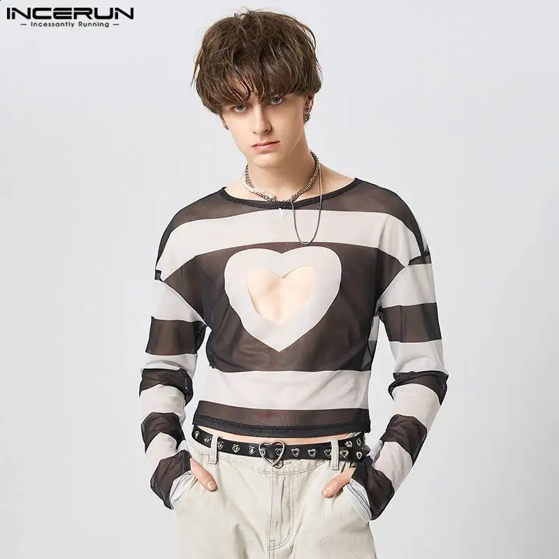INCERUN Tops American Style Mens Hollowed-out Love Pattern Camiseta Fashion Casual Printed Long-sleeved T-shirts S-5XL 240812