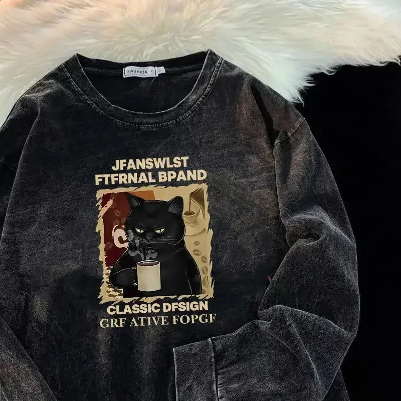 Foufurieux Punk Cotton Long-sleeved T-shirt Men Spring Autumn American Retro Letter Print Oversize Washed Distressed Sweatshirt 240812