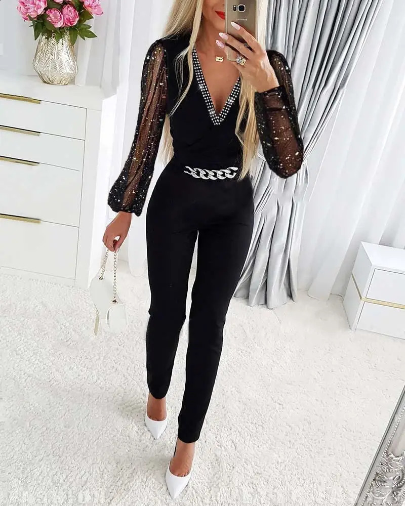 Fashion Jumpsuits Women Elegant Deep V Neck Black Solid Chain Decoration Mesh Patchwork Straight Leg Casual Working Jumpsuit 240813