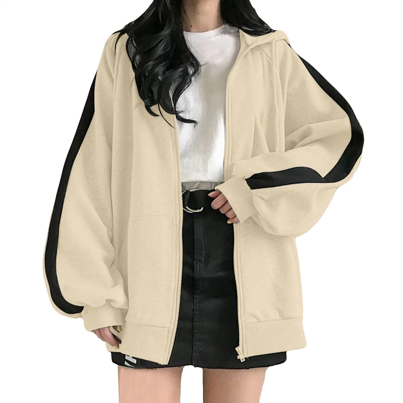 Harajuku Korean Version Zip Up Hoodies For Women Fall Solid Loose Jacket Coats Vintage Long Sleeve Oversized Hooded Sweatshirts 240812