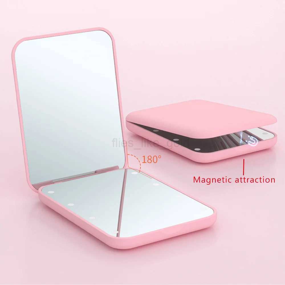 Portable Folding Makeup Cute Womens 2x Makeup Travel Handheld LED Makeup Button Battery Mirror Pocket Mirror with Light W240813