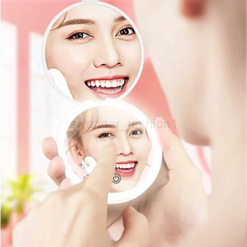 Mini LED Luminous Makeup Mirror Round Portable Foldable Small Compact Mirror with Light USB Handheld Makeup Magnifying MirrorsXJ240813