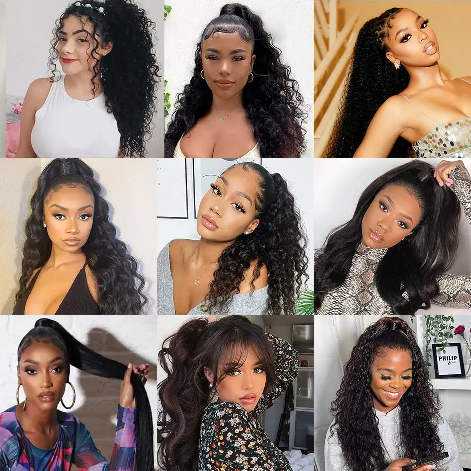 Water Wave Ponytail Human Hair Wrap Around Ponytail Extensions Curly Remy Hair Ponytails Clip in Hair Extensions 10 to 32 Inches