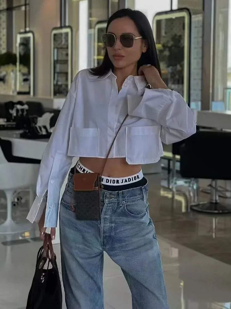 TRAF Womens Cropped Shirt Fashion Woman Blouse White Blue Striped Shirts and Blouses Autumn Long sleeve Short Top 240813