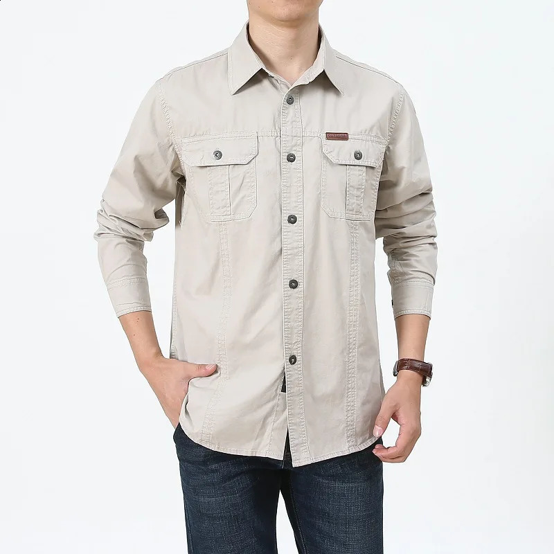 Mens cargo shirt solid color springsummer casual long sleeved top soft cotton mens multi pocket single chest 240812