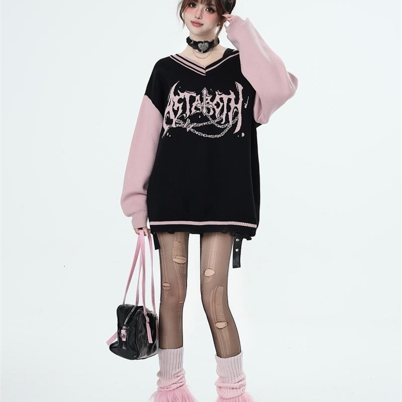 Y2k Oversized Sweater Women Gothic Punk Long Sleeve Loose Top Fall and Winter Strapless V-neck Splicing Knit Pullover 240812