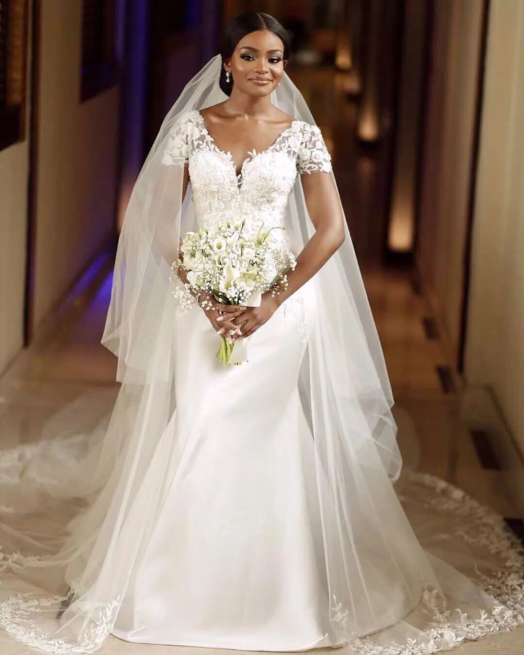Plus Size African Wedding Dresses Mermaid Cap Sleeves Appliques Aso Ebi Women Bridal Wedding Gowns For Black Girls