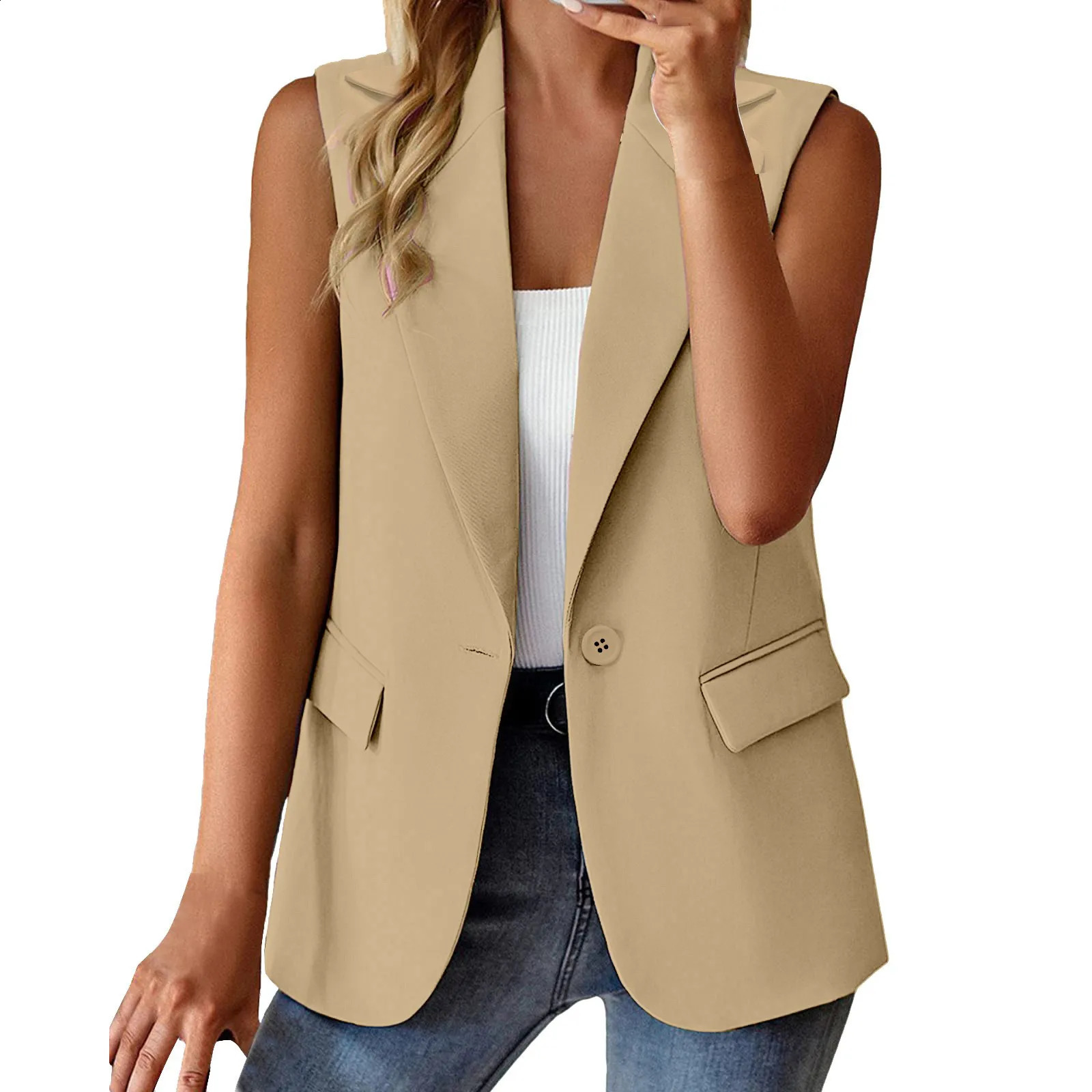 Women Blazer Vest Solid Color Loose Cardigan Sleeveless Jacket Single Button Wasitcoat Female Formal Suit Coat Commute Clothing 240813