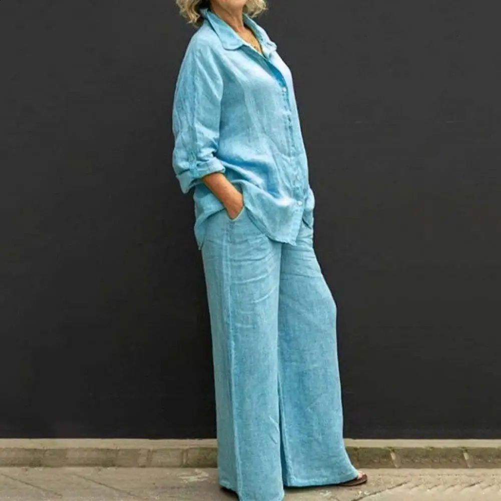 Women Cotton Linen Suits Elegant Solid Long Sleeve Shirt Wide Leg Trousers Two Piece Set Female Casual Straight Pants Suits 240813
