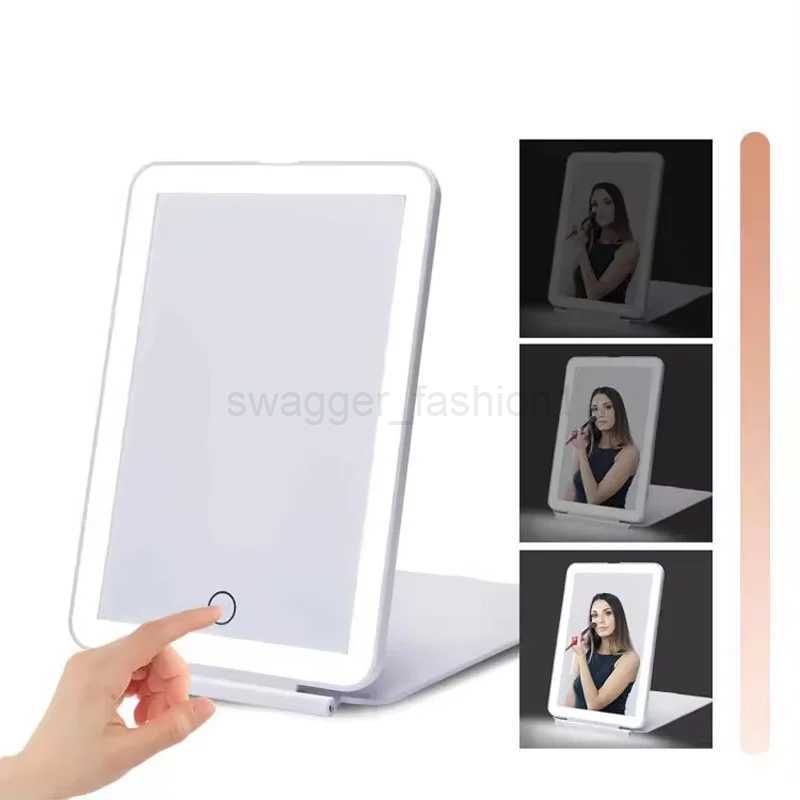 Portable travel USB rechargeable foldable makeup mirror with tri-color LED light Smart touch makeup mirrorXJ240813