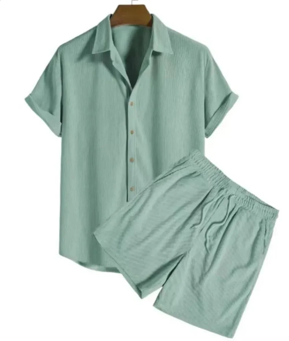 Mens casual loose multicolor beach set Corduroy short sleeved mens twopiece w240812