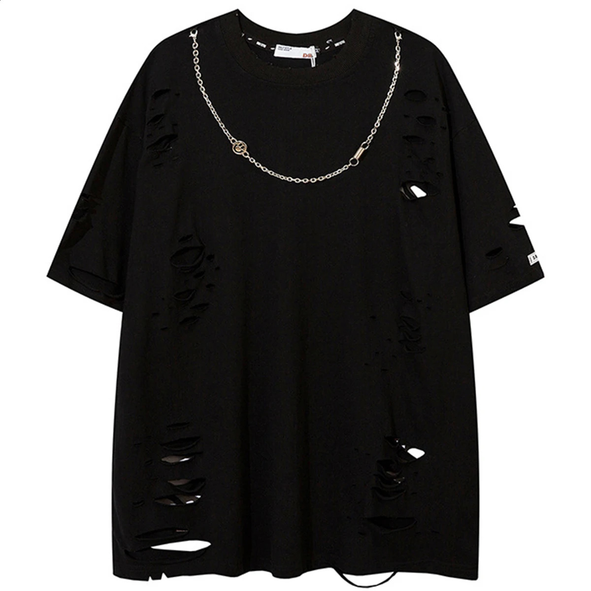 Oversized Hip Hop Ripped T Shirts Distressed Harajuku Streetwear Black T-shirts Men Summer Fashion Cotton Top Tees 240812