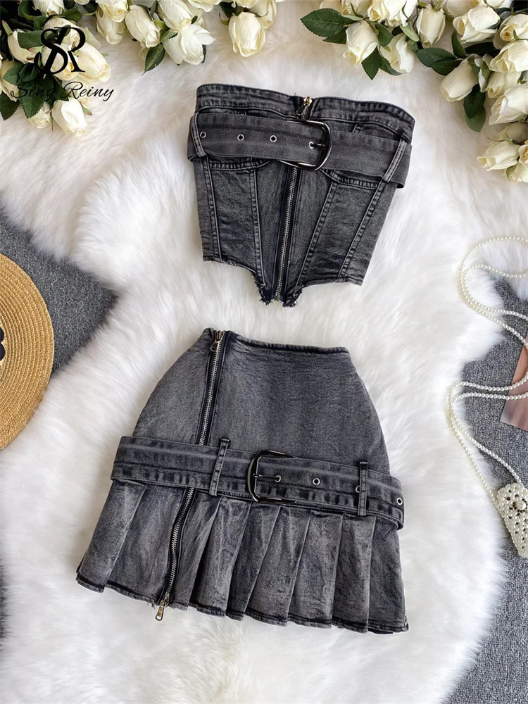 SINGREINY sweet Ins Streetwear Deinm Sets Women Strapless Sleeveless Zipper Bodycon TopHigh Waist Pleated Short Skirt Suits 240812