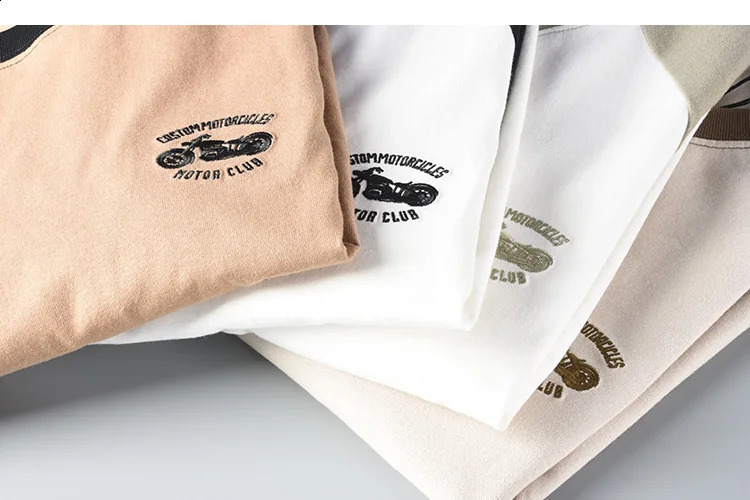 American Retro Long Sleeve O-neck Contrast Splicing Embroidery T-shirt Mens Fashion 100% Cotton Washed Old Casual Sport Tops 240812