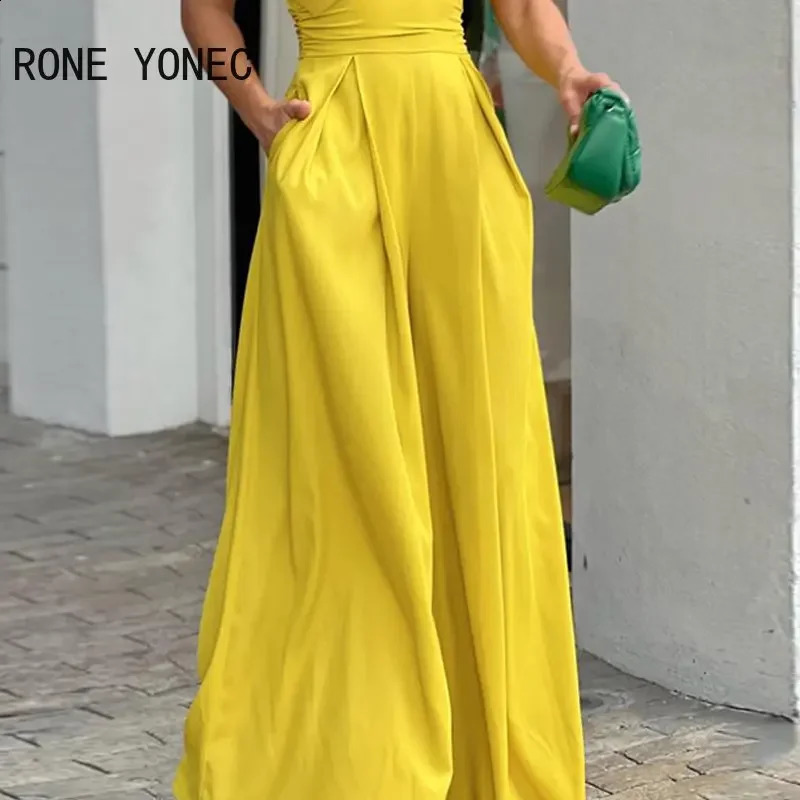 Women Elegant Solid One Shoulder Ruffle Sleeveless Hollow Bow Wide Leg Formal Jumpsuit 240813