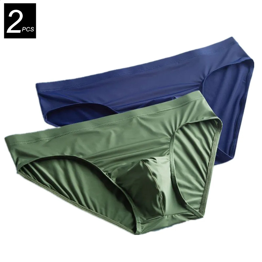 2pcs Pouch Nylon Men Underwear Briefs Ice Silk Male Seamless Underpants Low-Waist Thin Panties Plus Size 240812