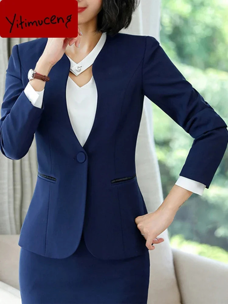 Yitimuceng Elegant Office Womens Two Piece Set Single Button Collar Jacket Unique Pencil Pants 240812