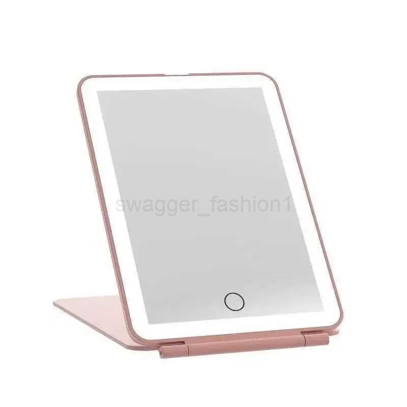 LED Foldable Travel Makeup Mirror 3 Colors Light Modes USB Rechargeable Touch Screen Portable Tabletop Cosmetic Mirror PINKXJ240813