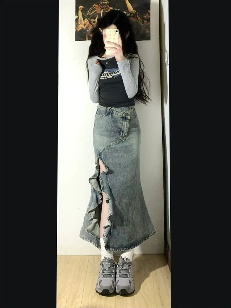 Womens Mermaid Skirt Clothes Blue Skirt Harajuku Korean Casual Chic Fashion Vintage A-Line Denim Skirt Split Hem Coquette 240812