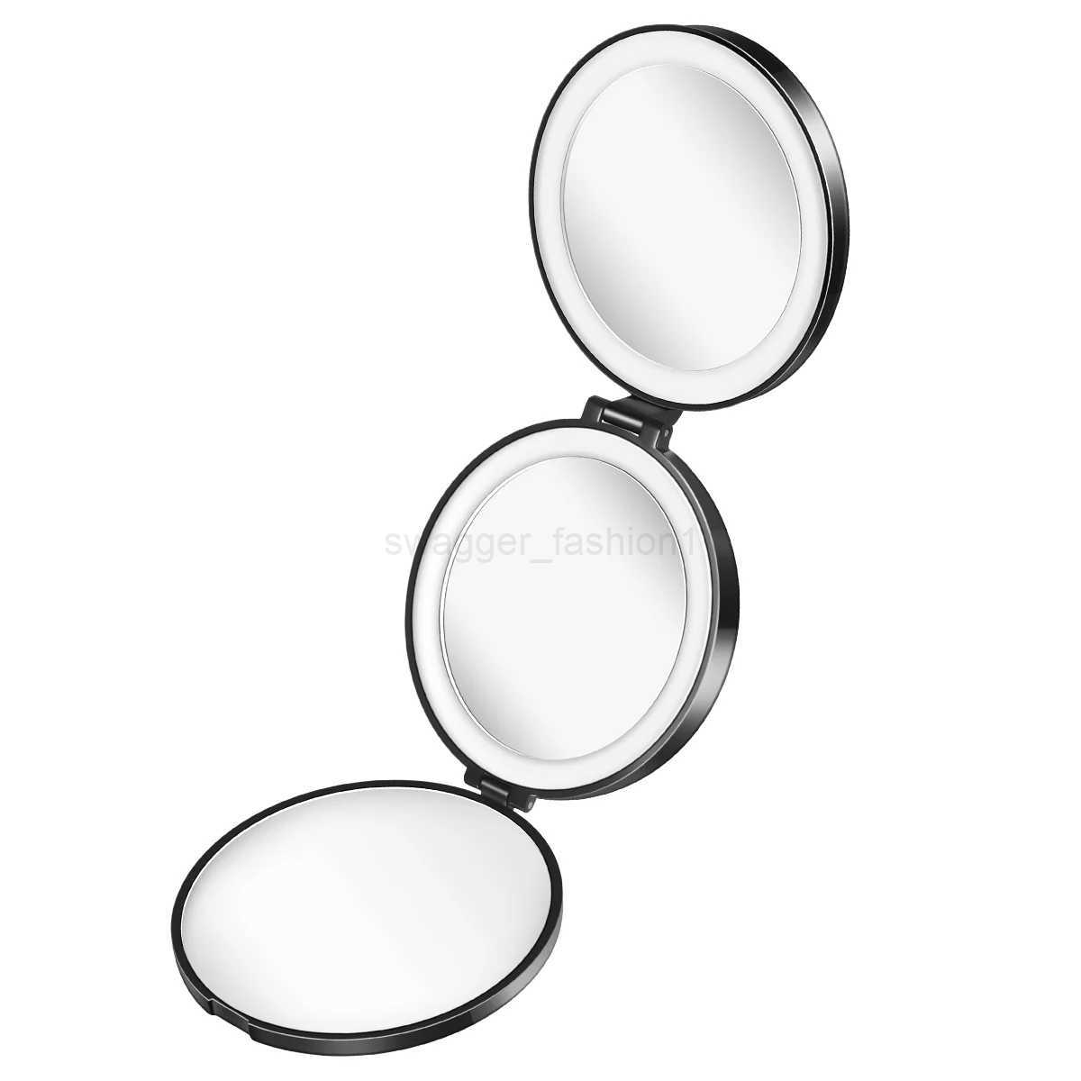 LED Mirror Travel Make up Mini Mirrors Black Magnifying Round Tri-foldXJ240813